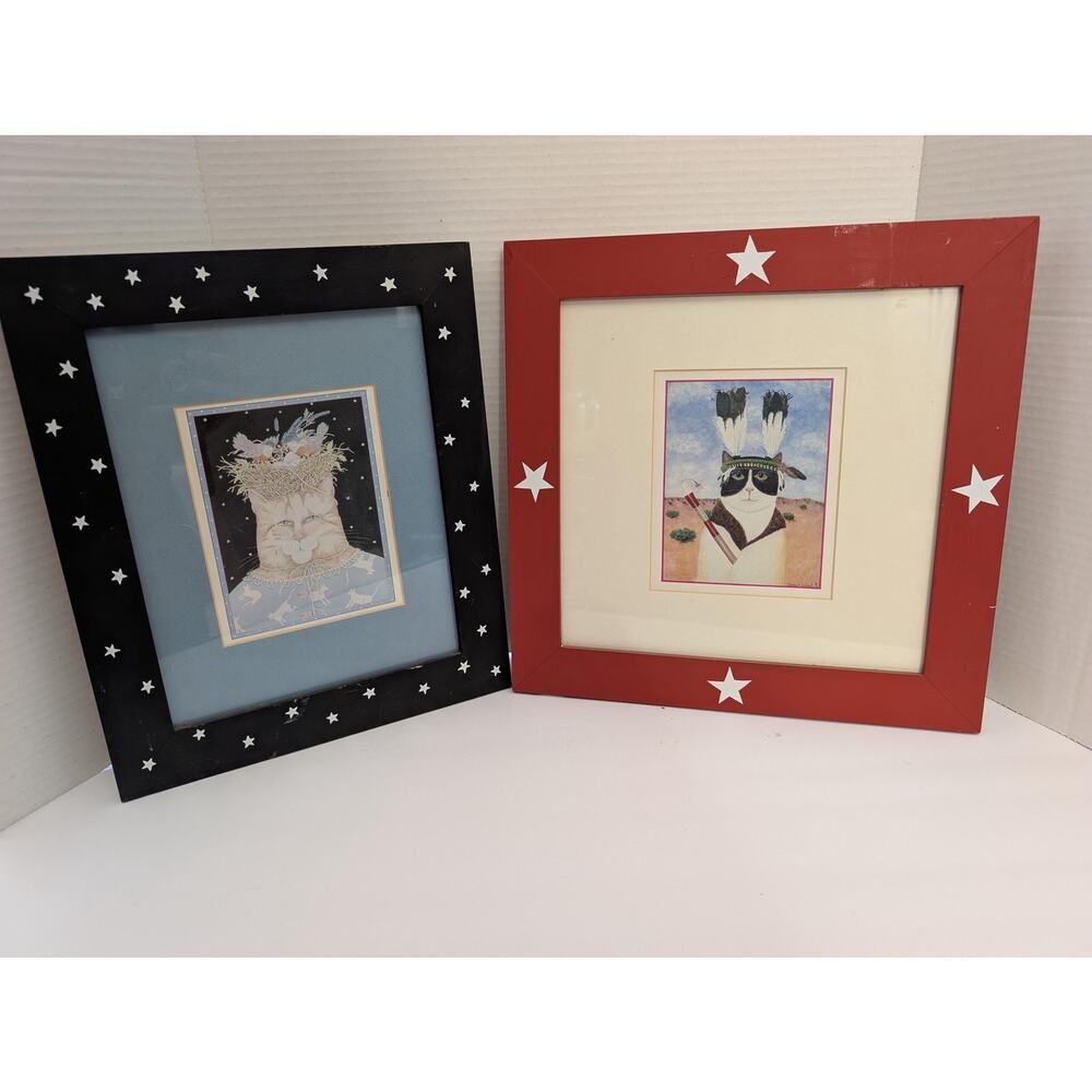 Mary Lake Thompson Set of 2 Whimsical Cat Prints Framed Matted Stars Art Decor